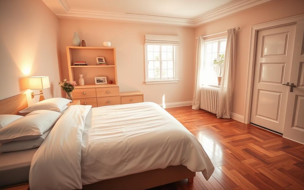A cozy bedroom bathed in warm, soft lighting. In the foreground, a neatly made bed with crisp white sheets and a plush duvet. Atop the bedside table, a stylish lamp and a vase of fresh flowers, reflecting the tranquil atmosphere. The middle ground showcases well-organized shelves, free of dust and clutter, with carefully curated decor pieces. The background reveals gleaming hardwood floors, meticulously swept, and spotless windows allowing natural light to stream in, creating an airy, serene ambiance. Overall, a harmonious and inviting space that embodies the principles of a clean, well-maintained bedroom. A cozy bedroom bathed in warm, soft lighting. In the foreground, a neatly made bed with crisp white sheets and a plush duvet. Atop the bedside table, a stylish lamp and a vase of fresh flowers, reflecting the tranquil atmosphere. The middle ground showcases well-organized shelves, free of dust and clutter, with carefully curated decor pieces. The background reveals gleaming hardwood floors, meticulously swept, and spotless windows allowing natural light to stream in, creating an airy, serene ambiance. Overall, a harmonious and inviting space that embodies the principles of a clean, well-maintained bedroom.