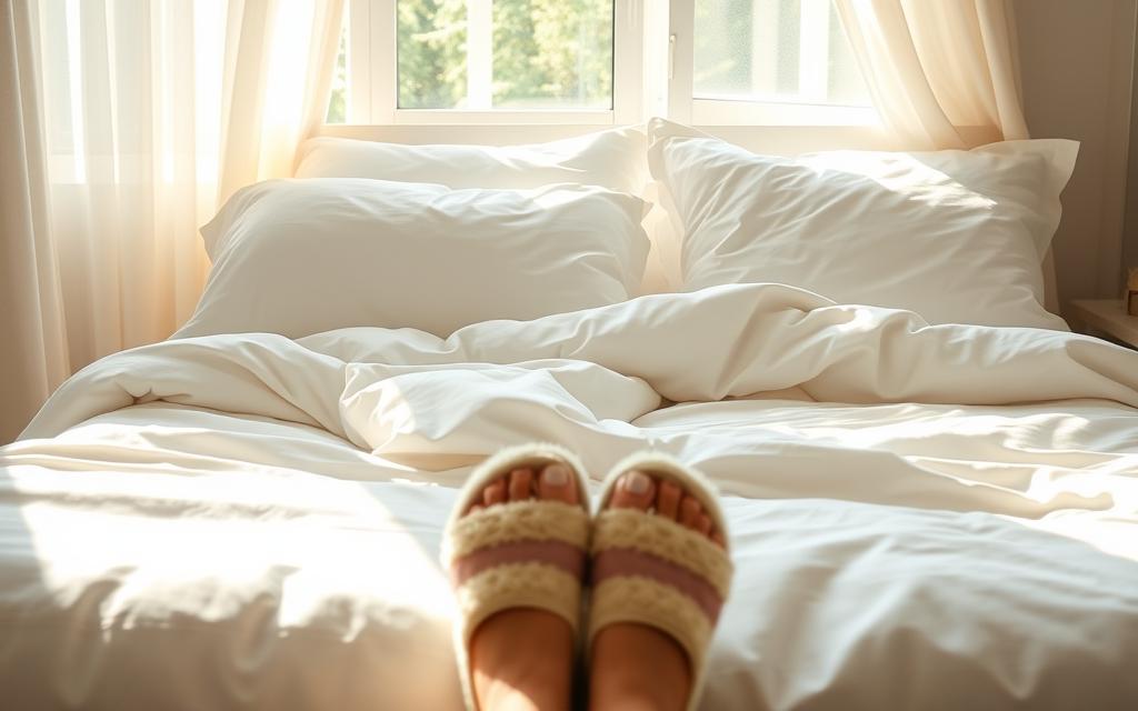 A cozy, sun-drenched bedroom with crisp white bedding, freshly fluffed pillows, and a plush comforter carefully tucked and folded. Soft, natural light filters in through sheer curtains, casting a warm glow on the scene. In the foreground, a pair of slippered feet can be seen stepping towards the neatly made bed, ready to complete the morning cleaning routine. The overall atmosphere is one of tranquility and a sense of order, conveying the satisfaction of a well-made bed to start the day. A cozy, sun-drenched bedroom with crisp white bedding, freshly fluffed pillows, and a plush comforter carefully tucked and folded. Soft, natural light filters in through sheer curtains, casting a warm glow on the scene. In the foreground, a pair of slippered feet can be seen stepping towards the neatly made bed, ready to complete the morning cleaning routine. The overall atmosphere is one of tranquility and a sense of order, conveying the satisfaction of a well-made bed to start the day.