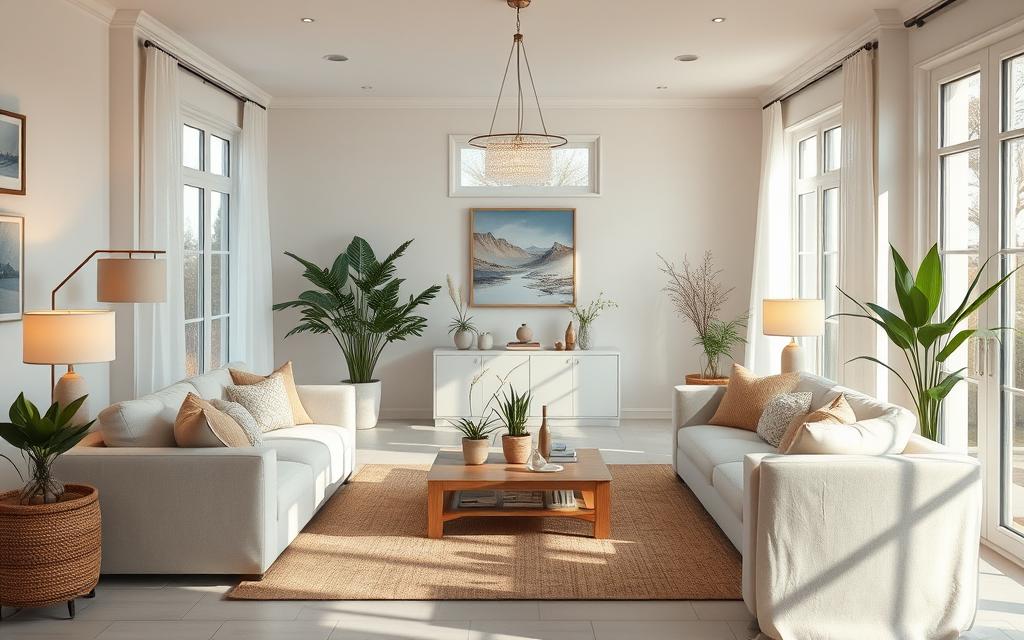 A cozy, well-lit living room with plush, inviting furniture and natural accents. Soft, diffused lighting from floor lamps and a central pendant fixture create a warm, soothing ambiance. Potted plants, fresh flowers, and subtle aromas of essential oils permeate the space, evoking a sense of tranquility and rejuvenation. The room's large windows allow sunlight to filter in, illuminating the airy, open layout and highlighting the room's clean, minimalist design. A sense of harmony and balance radiates throughout, creating a fresh, uplifting atmosphere that soothes the senses.