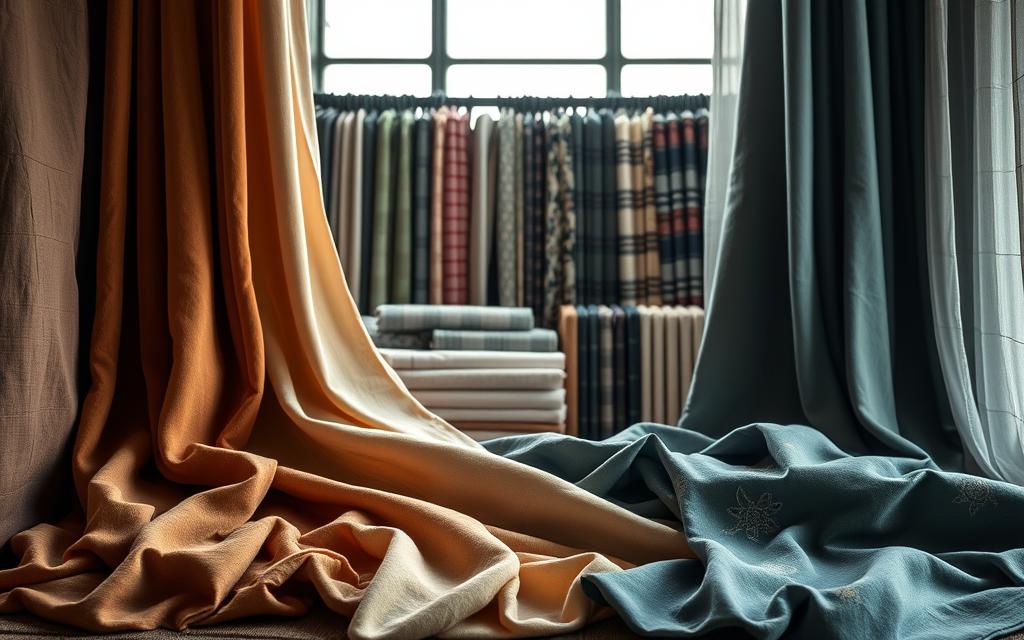 A high-quality, detailed image showcasing various curtain fabric types, arranged in a visually striking composition. In the foreground, an array of luxurious fabrics including velvet, linen, satin, and sheer chiffon, draped and folded to highlight their unique textures and sheen. In the middle ground, a soft focus display of fabric swatches in a range of colors and patterns, from classic stripes and florals to contemporary geometric designs. The background features a dimly lit, atmospheric studio setting with natural lighting filtering through the fabrics, creating a warm, inviting ambiance. The image should convey a sense of tactile sophistication and an expert understanding of the diverse world of curtain fabrics.