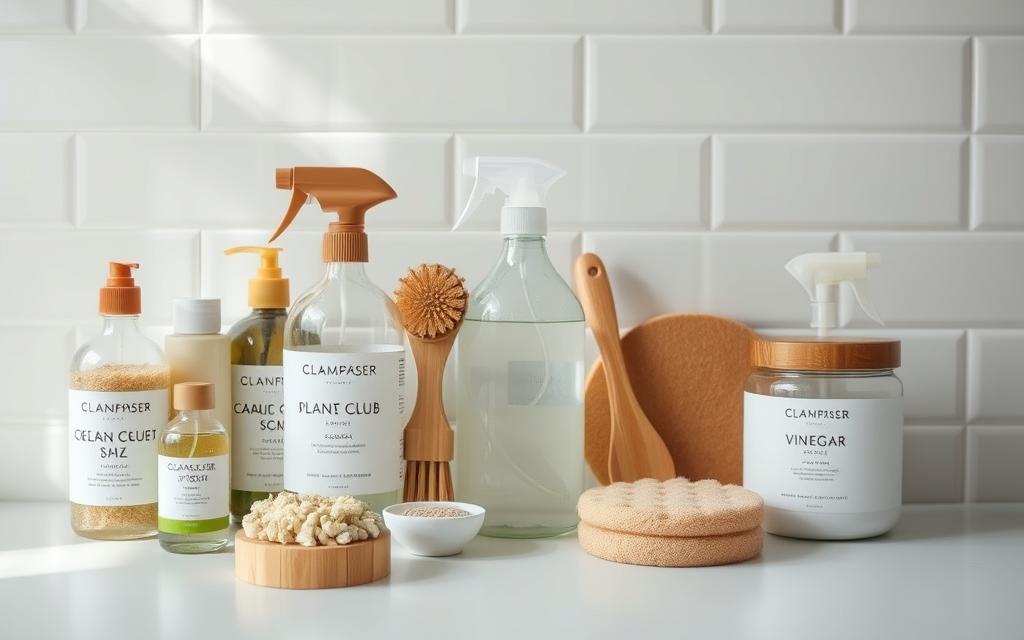A neatly arranged still life displaying an assortment of eco-friendly bathroom cleaning products. In the foreground, a collection of natural, plant-based cleaners, scrubs, and brushes in muted earth tones. In the middle ground, a glass spray bottle filled with a homemade vinegar-based solution, alongside a wooden dish brush and a compostable sponge. The background features a minimalist white bathroom tile wall, with soft, natural lighting illuminating the scene. The overall mood is one of simplicity, sustainability, and efficiency, capturing the essence of a quick, eco-conscious bathroom cleaning routine.
