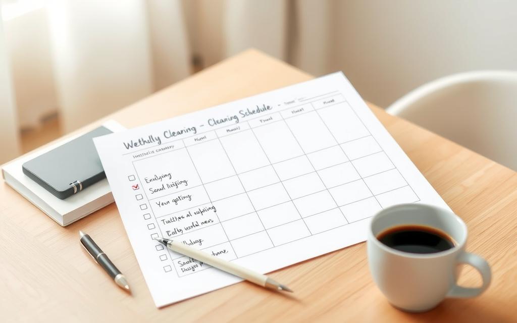 A neatly organized desk with a white weekly cleaning schedule template, a pen, and a cup of coffee. The schedule is filled out in a clean, legible handwriting, with color-coded tasks and checkboxes. The desk is set against a soft, blurred background of a bright, airy room, suggesting a serene and focused working environment. The overall scene conveys a sense of productivity, order, and a well-planned approach to maintaining a clean and organized home.
