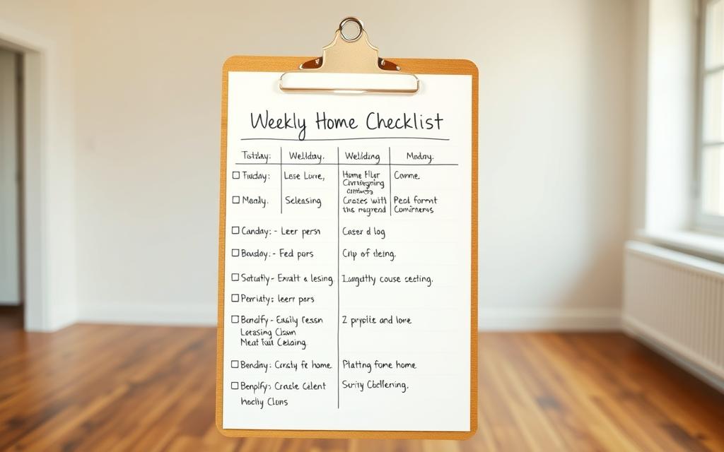A neatly organized weekly home cleaning checklist, with different task categories and their respective benefits. The checklist is displayed on a wooden clipboard, illuminated by warm, natural lighting. The background features a clean, minimalist room with light-colored walls and hardwood floors, creating a sense of order and productivity. The checklist itself is hand-written in a clear, legible font, highlighting the importance of a personalized approach to home maintenance. The overall scene conveys a sense of efficiency, organization, and the tangible advantages of maintaining a consistent cleaning routine.