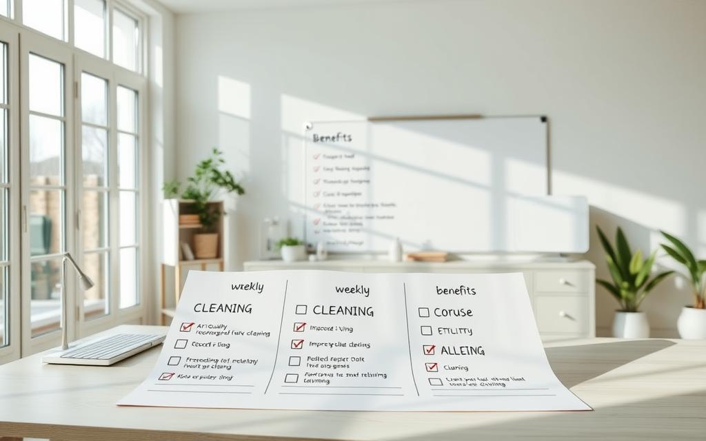 A spacious, airy home office with large windows and natural light flooding the room. On the desk, a neatly organized weekly cleaning checklist, with checkboxes and bullet points outlining the various tasks. The list is highlighted with pastel colors, creating a sense of order and productivity. Behind the desk, a large whiteboard displays the benefits of a consistent cleaning routine, such as improved air quality, reduced allergens, and a more pleasant living environment. The overall atmosphere is serene and inspiring, encouraging the viewer to adopt a structured approach to their own home maintenance. A spacious, airy home office with large windows and natural light flooding the room. On the desk, a neatly organized weekly cleaning checklist, with checkboxes and bullet points outlining the various tasks. The list is highlighted with pastel colors, creating a sense of order and productivity. Behind the desk, a large whiteboard displays the benefits of a consistent cleaning routine, such as improved air quality, reduced allergens, and a more pleasant living environment. The overall atmosphere is serene and inspiring, encouraging the viewer to adopt a structured approach to their own home maintenance.