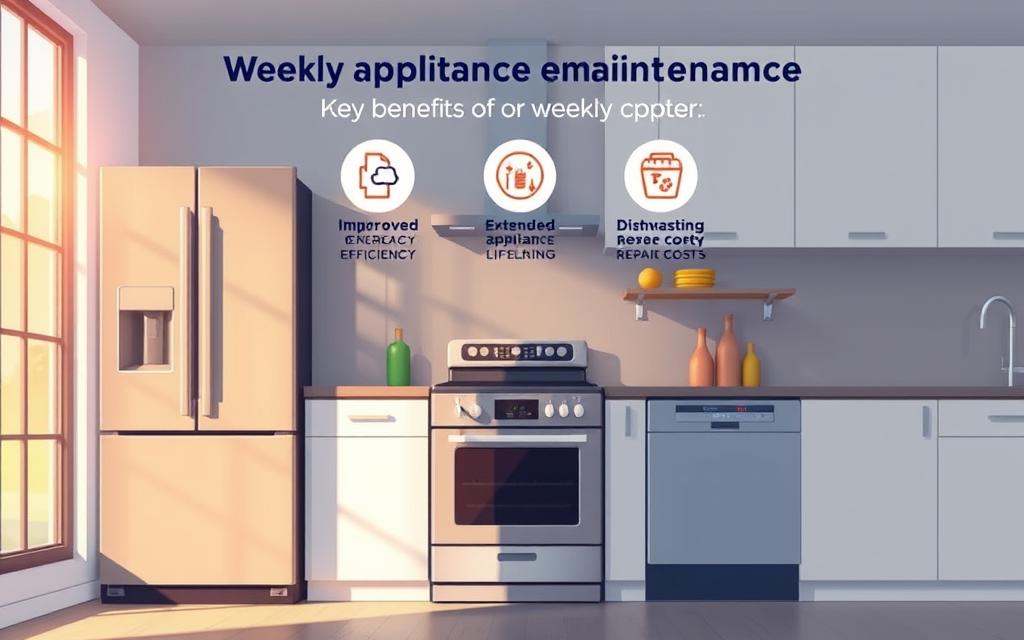 A well-lit, detailed illustration showcasing the key benefits of weekly appliance maintenance. A sleek, modern kitchen setting with a prominent refrigerator, oven, and dishwasher in the foreground. Subtle rays of warm light filter through a large window, casting a cozy ambiance. In the middle ground, floating icons and infographics illustrate improved energy efficiency, extended appliance lifespan, and reduced repair costs. The background features a clean, minimalist design with accent colors that complement the kitchen's color scheme. The overall mood is informative, practical, and visually appealing, effectively communicating the importance of regular appliance care.