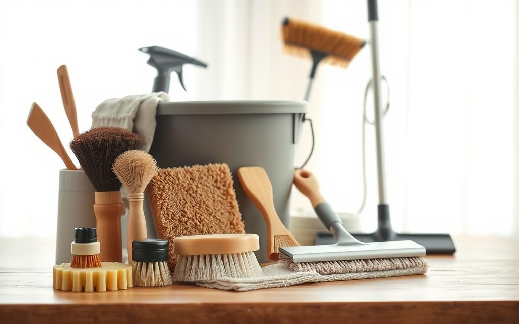 A well-lit, high-resolution image of an essential collection of home cleaning tools neatly arranged on a wooden table. In the foreground, a variety of brushes, sponges, and cleaning cloths in earthy tones. In the middle ground, a bucket, mop, and squeegee in muted colors. In the background, a spray bottle, a duster, and a vacuum cleaner silhouetted against a bright, airy backdrop, conveying a sense of organization and efficiency. The lighting is soft and diffused, creating a warm, inviting atmosphere that showcases the practical yet stylish nature of these everyday cleaning essentials.