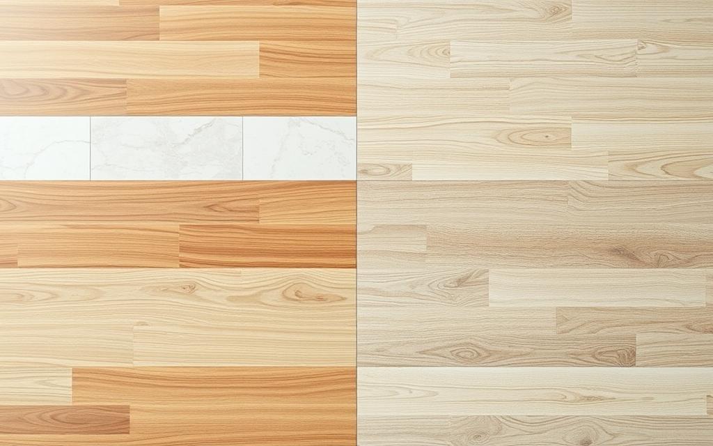 A well-lit, high-resolution image showcasing a comparison of various floor types, including hardwood, tile, laminate, and vinyl. The floors are arranged in a grid layout, with each type occupying a distinct section. The image has a clean, modern aesthetic, with a neutral color palette and a slight depth of field, drawing the viewer's attention to the distinctive textures and patterns of each flooring material. The lighting is natural and evenly distributed, accentuating the unique characteristics of each floor type. The camera angle is slightly elevated, providing a comprehensive overview of the different surfaces. The overall composition conveys a sense of clarity and organization, making it an informative and visually appealing illustration for the "Understanding Different Floor Types" section.