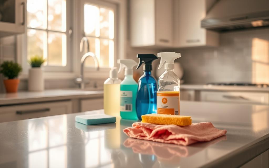 A well-lit kitchen countertop, its surface gleaming with disinfectant. Bottles of cleaning products, a sponge, and a soft cloth are arranged neatly. The counter is free of clutter, allowing the focus to be on the act of cleaning and maintaining a hygienic workspace. Warm, natural lighting from nearby windows creates a sense of cleanliness and order. The scene conveys the importance of regular counter and surface disinfection, ensuring a safe and sanitary environment for food preparation.