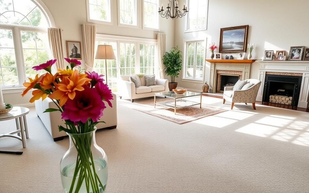 A well-lit living room, filled with sunlight streaming through large windows. The room is meticulously clean, with a freshly vacuumed carpet, neatly arranged furniture, and gleaming surfaces. A sense of order and tranquility pervades the space, creating a welcoming and inviting atmosphere. In the foreground, a vase of vibrant flowers adds a touch of elegance, while the middle ground showcases tasteful decor and artwork that reflects the homeowner's personality. The background features a cozy fireplace, its mantel adorned with family photos and cherished mementos. The overall scene conveys the importance of a clean and well-maintained living room, one that can impress and delight guests with its warmth and refinement. A well-lit living room, filled with sunlight streaming through large windows. The room is meticulously clean, with a freshly vacuumed carpet, neatly arranged furniture, and gleaming surfaces. A sense of order and tranquility pervades the space, creating a welcoming and inviting atmosphere. In the foreground, a vase of vibrant flowers adds a touch of elegance, while the middle ground showcases tasteful decor and artwork that reflects the homeowner's personality. The background features a cozy fireplace, its mantel adorned with family photos and cherished mementos. The overall scene conveys the importance of a clean and well-maintained living room, one that can impress and delight guests with its warmth and refinement.