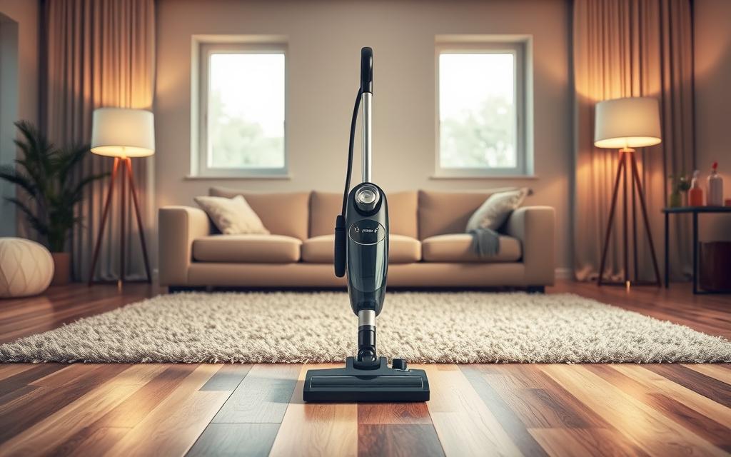 A well-lit, modern living room with a central focal point of a vacuum cleaner. The vacuum is prominently displayed, its sleek design and various attachments showcased against a backdrop of a plush, neutral-toned carpet. Soft, diffused lighting from floor lamps and a large window casts a warm glow, creating a sense of thoughtfulness and consideration. In the foreground, a variety of flooring types are visible, suggesting the vacuum's versatility. The middle ground features a side table with various cleaning supplies, hinting at the importance of selecting the right vacuum for one's specific needs. The background subtly frames the scene, with minimalist decor and warm, earthy tones, allowing the vacuum to take center stage.