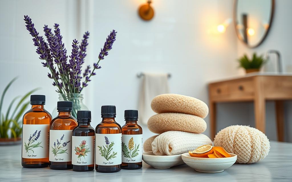 A beautifully arranged still life of aromatherapy essentials for a natural, chemical-free bathroom cleaner. In the foreground, an assortment of essential oil bottles in amber glass, their labels featuring botanical illustrations. Behind them, an elegant glass jar filled with dried lavender sprigs, their purple hues complementing the warm tones of the oils. In the middle ground, a set of natural sponges and a small ceramic dish with dried citrus peels. The background is a softly lit, minimalist bathroom setting with white tile walls and a wooden vanity. Warm, golden lighting from a single sconce creates a cozy, spa-like ambiance, enhancing the serene and rejuvenating atmosphere of the scene.
