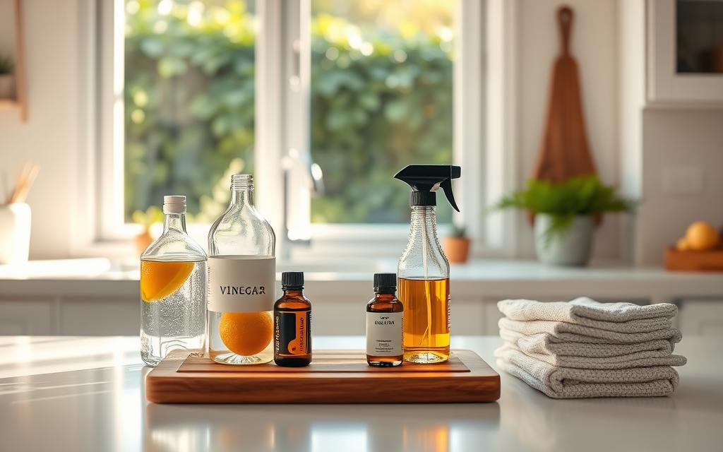 A bright, airy kitchen counter with an assortment of natural cleaning solutions. Glass bottles filled with vinegar, lemon, and essential oils sit atop a wooden cutting board, alongside a spray bottle and a stack of clean microfiber cloths. Soft, diffused lighting casts a warm glow, highlighting the simple, homemade ingredients. In the background, a large, clean window offers a glimpse of a lush, verdant garden, reflecting the eco-friendly nature of the scene. The overall atmosphere is one of calm, efficiency, and a commitment to sustainable, DIY cleaning practices. A bright, airy kitchen counter with an assortment of natural cleaning solutions. Glass bottles filled with vinegar, lemon, and essential oils sit atop a wooden cutting board, alongside a spray bottle and a stack of clean microfiber cloths. Soft, diffused lighting casts a warm glow, highlighting the simple, homemade ingredients. In the background, a large, clean window offers a glimpse of a lush, verdant garden, reflecting the eco-friendly nature of the scene. The overall atmosphere is one of calm, efficiency, and a commitment to sustainable, DIY cleaning practices.