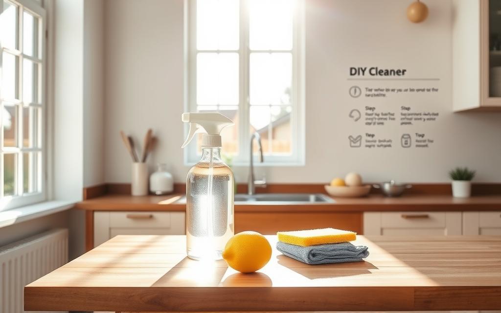 A bright, airy kitchen interior with a clean, minimalist aesthetic. In the foreground, a wooden kitchen counter displays a variety of cleaning supplies - a spray bottle of DIY cleaner, a lemon, a sponge, and a microfiber cloth. Sunlight streams in through large windows, casting a warm, natural glow over the scene. On the wall behind the counter, simple instructions and tips for an effective cleaning routine are displayed, including step-by-step guides and helpful icons. The overall mood is one of efficiency, organization, and a sense of accomplishment in taking charge of household chores with homemade, eco-friendly solutions.