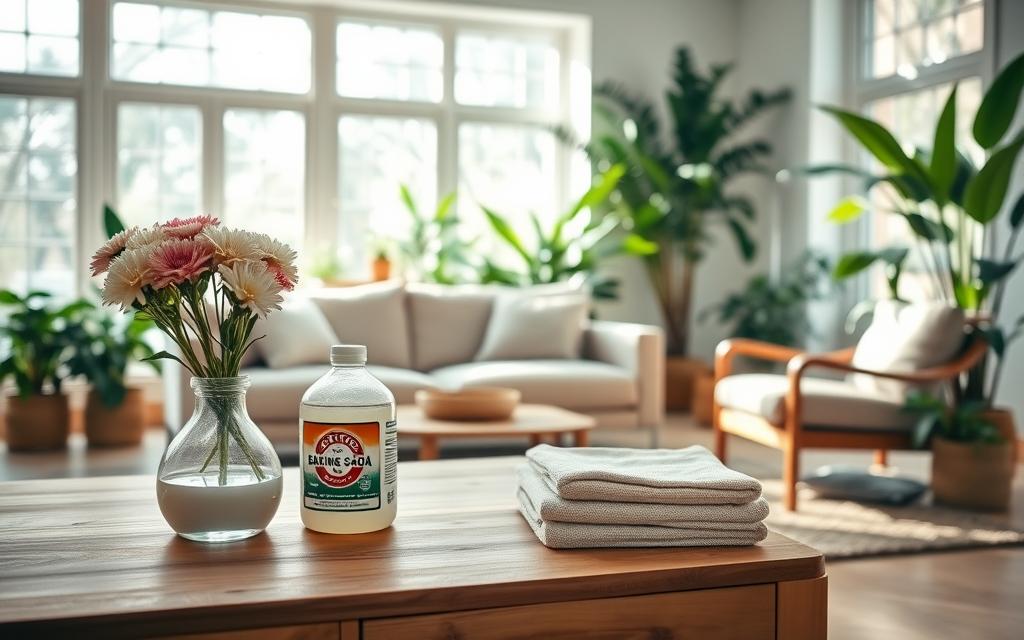 A bright, airy living room filled with natural elements. In the foreground, a wooden coffee table with a vase of fresh flowers and a stack of eco-friendly cleaning supplies - baking soda, vinegar, and microfiber cloths. Mid-ground, a plush, neutral-toned sofa and armchair arrangement, bathed in soft, diffused sunlight from large windows. In the background, lush, verdant houseplants and a woven area rug, creating a serene, nature-inspired ambiance. The lighting is warm and inviting, with a touch of earthiness, conveying a sense of calm and mindfulness. Shot with a wide-angle lens to capture the spaciousness of the room.