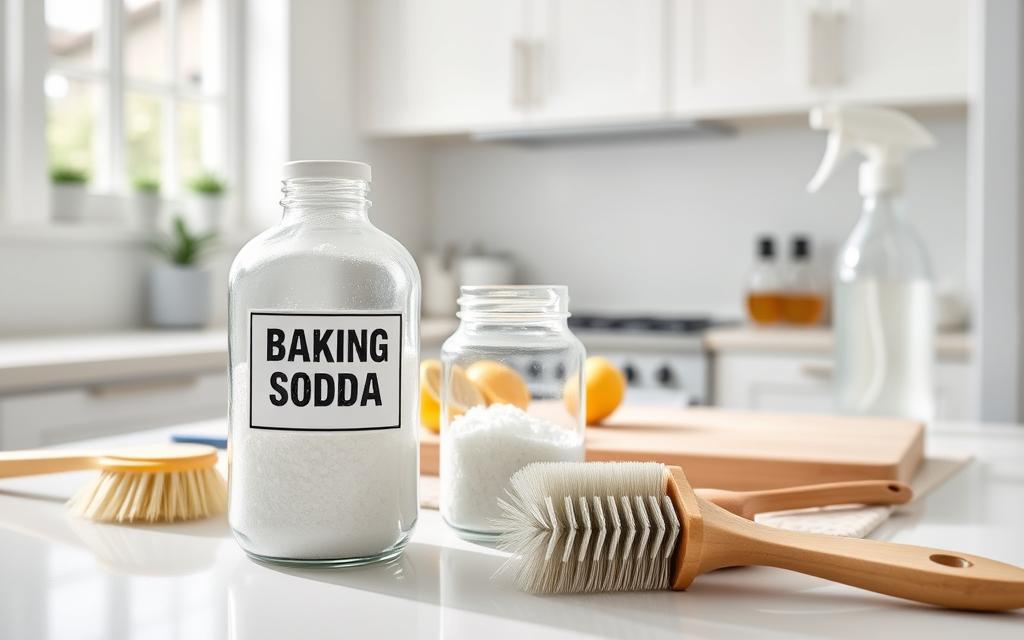 A bright and airy kitchen countertop scene, with a variety of baking soda cleaning techniques on display. In the foreground, a glass jar of baking soda, surrounded by scrub brushes, a sponge, and a spray bottle filled with a baking soda solution. In the middle ground, a cutting board with lemon wedges, signifying the use of citrus for cleaning. The background features clean, white cabinetry and a window, allowing natural light to flood the space, creating a fresh and inviting atmosphere. The overall mood is one of simplicity, efficiency, and a natural approach to household cleaning.