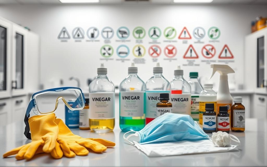 A clean, well-lit laboratory setting with a table showcasing various DIY cleaning supplies and tools. In the foreground, a pair of protective gloves, safety goggles, and a face mask are prominently displayed, emphasizing the importance of personal protective equipment. The middle ground features a series of labeled bottles and containers, each filled with natural ingredients like vinegar, baking soda, and essential oils. The background depicts informative safety icons and warning signs, conveying the need for caution and responsible handling of DIY cleaning products. The overall atmosphere is one of informed and responsible DIY cleaning, promoting safety and environmental consciousness. A clean, well-lit laboratory setting with a table showcasing various DIY cleaning supplies and tools. In the foreground, a pair of protective gloves, safety goggles, and a face mask are prominently displayed, emphasizing the importance of personal protective equipment. The middle ground features a series of labeled bottles and containers, each filled with natural ingredients like vinegar, baking soda, and essential oils. The background depicts informative safety icons and warning signs, conveying the need for caution and responsible handling of DIY cleaning products. The overall atmosphere is one of informed and responsible DIY cleaning, promoting safety and environmental consciousness.