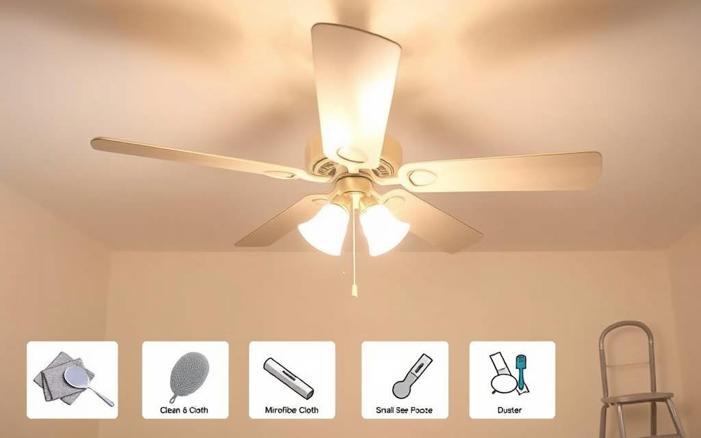 A clean, well-lit workspace with a ceiling fan suspended from the center. The fan blades are in focus, showcasing their intricate design and clean, dust-free appearance. The lighting is soft and even, casting a warm glow throughout the scene. In the foreground, a step-by-step guide to cleaning the fan, featuring cleaning tools like a microfiber cloth, duster, and a small step stool. The background is a simple, neutral-colored room, allowing the fan and cleaning process to be the central focus. The overall mood is one of practical, informative guidance, encouraging the viewer to tackle this common household task with confidence. A clean, well-lit workspace with a ceiling fan suspended from the center. The fan blades are in focus, showcasing their intricate design and clean, dust-free appearance. The lighting is soft and even, casting a warm glow throughout the scene. In the foreground, a step-by-step guide to cleaning the fan, featuring cleaning tools like a microfiber cloth, duster, and a small step stool. The background is a simple, neutral-colored room, allowing the fan and cleaning process to be the central focus. The overall mood is one of practical, informative guidance, encouraging the viewer to tackle this common household task with confidence.