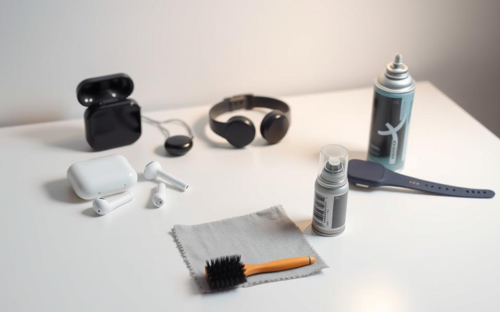 A clean, well-lit workspace with an array of wireless electronics - AirPods, Bluetooth headphones, and a smartwatch - neatly arranged on a minimalist desk. The devices are bathed in soft, diffused lighting, casting subtle shadows and highlights that accentuate their sleek, modern designs. In the foreground, a microfiber cloth, a small brush, and a can of compressed air are positioned, ready to gently clean the delicate surfaces and intricate components of the wireless electronics. The background is a serene, neutral-toned environment, allowing the products to take center stage and emphasize the importance of proper maintenance and care. A clean, well-lit workspace with an array of wireless electronics - AirPods, Bluetooth headphones, and a smartwatch - neatly arranged on a minimalist desk. The devices are bathed in soft, diffused lighting, casting subtle shadows and highlights that accentuate their sleek, modern designs. In the foreground, a microfiber cloth, a small brush, and a can of compressed air are positioned, ready to gently clean the delicate surfaces and intricate components of the wireless electronics. The background is a serene, neutral-toned environment, allowing the products to take center stage and emphasize the importance of proper maintenance and care.