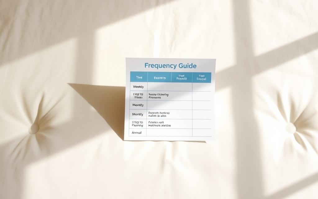 A crisp, clean mattress with a detailed frequency guide displayed prominently in the center. The guide should have a clear, easy-to-understand layout, with specific recommendations for weekly, monthly, and annual mattress cleaning tasks. The background should be a soft, neutral tone, allowing the guide to stand out. Warm, natural lighting from the side casts gentle shadows, giving the image a calming, inviting atmosphere. The overall composition should have a minimalist, informative feel, guiding the viewer's attention directly to the essential cleaning information. A crisp, clean mattress with a detailed frequency guide displayed prominently in the center. The guide should have a clear, easy-to-understand layout, with specific recommendations for weekly, monthly, and annual mattress cleaning tasks. The background should be a soft, neutral tone, allowing the guide to stand out. Warm, natural lighting from the side casts gentle shadows, giving the image a calming, inviting atmosphere. The overall composition should have a minimalist, informative feel, guiding the viewer's attention directly to the essential cleaning information.