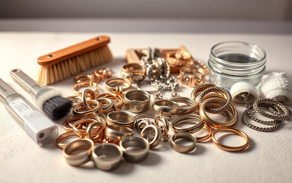A detailed close-up of various metal jewelry cleaning techniques, showcased in a well-lit, organized still life arrangement. In the foreground, a range of jewelry cleaning tools including brushes, polishing cloths, and ultrasonic cleaners. In the middle ground, a selection of tarnished metal jewelry pieces such as rings, necklaces, and bracelets. The background features a clean, neutral surface to highlight the cleaning process. Warm, directional lighting illuminates the scene, casting subtle shadows to convey depth and materiality. The overall mood is informative and educational, inviting the viewer to explore effective jewelry cleaning methods. A detailed close-up of various metal jewelry cleaning techniques, showcased in a well-lit, organized still life arrangement. In the foreground, a range of jewelry cleaning tools including brushes, polishing cloths, and ultrasonic cleaners. In the middle ground, a selection of tarnished metal jewelry pieces such as rings, necklaces, and bracelets. The background features a clean, neutral surface to highlight the cleaning process. Warm, directional lighting illuminates the scene, casting subtle shadows to convey depth and materiality. The overall mood is informative and educational, inviting the viewer to explore effective jewelry cleaning methods.