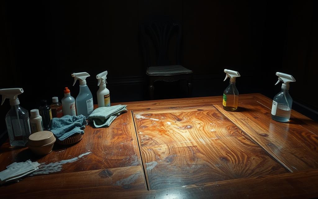 A dimly lit room, the focus is on a wooden table with various cleaning supplies scattered haphazardly. Streaks of liquid and smudged rags indicate poor technique. The table's surface is marred by swirling patterns, uneven sheen, and discolored patches - telltale signs of improper wood cleaning. In the background, a neglected antique chair stands as a cautionary tale. Moody lighting casts dramatic shadows, emphasizing the gravity of these common mistakes. A sense of regret and the need for better care pervades the scene. A dimly lit room, the focus is on a wooden table with various cleaning supplies scattered haphazardly. Streaks of liquid and smudged rags indicate poor technique. The table's surface is marred by swirling patterns, uneven sheen, and discolored patches - telltale signs of improper wood cleaning. In the background, a neglected antique chair stands as a cautionary tale. Moody lighting casts dramatic shadows, emphasizing the gravity of these common mistakes. A sense of regret and the need for better care pervades the scene.