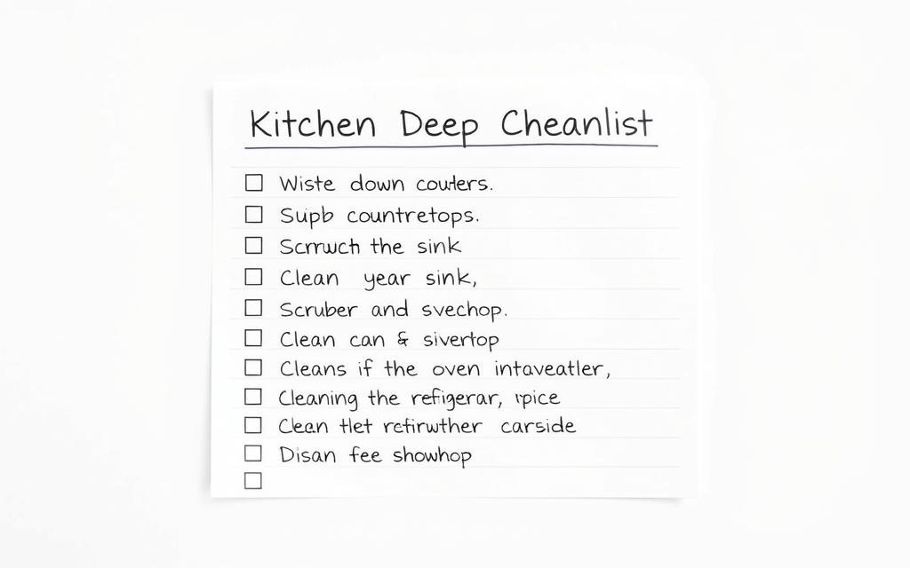 A meticulously organized kitchen deep cleaning checklist, presented on a clean, minimalist background. The list features a neatly handwritten set of tasks, including wiping down countertops, scrubbing the sink, cleaning the oven and stovetop, and disinfecting the refrigerator. The items are arranged in a visually pleasing grid layout, with subtle gridlines guiding the eye. The checklist is illuminated by soft, even lighting, creating a sense of order and efficiency. The overall mood is one of diligence and attention to detail, reflecting the thorough approach required for a deep kitchen clean. A meticulously organized kitchen deep cleaning checklist, presented on a clean, minimalist background. The list features a neatly handwritten set of tasks, including wiping down countertops, scrubbing the sink, cleaning the oven and stovetop, and disinfecting the refrigerator. The items are arranged in a visually pleasing grid layout, with subtle gridlines guiding the eye. The checklist is illuminated by soft, even lighting, creating a sense of order and efficiency. The overall mood is one of diligence and attention to detail, reflecting the thorough approach required for a deep kitchen clean.