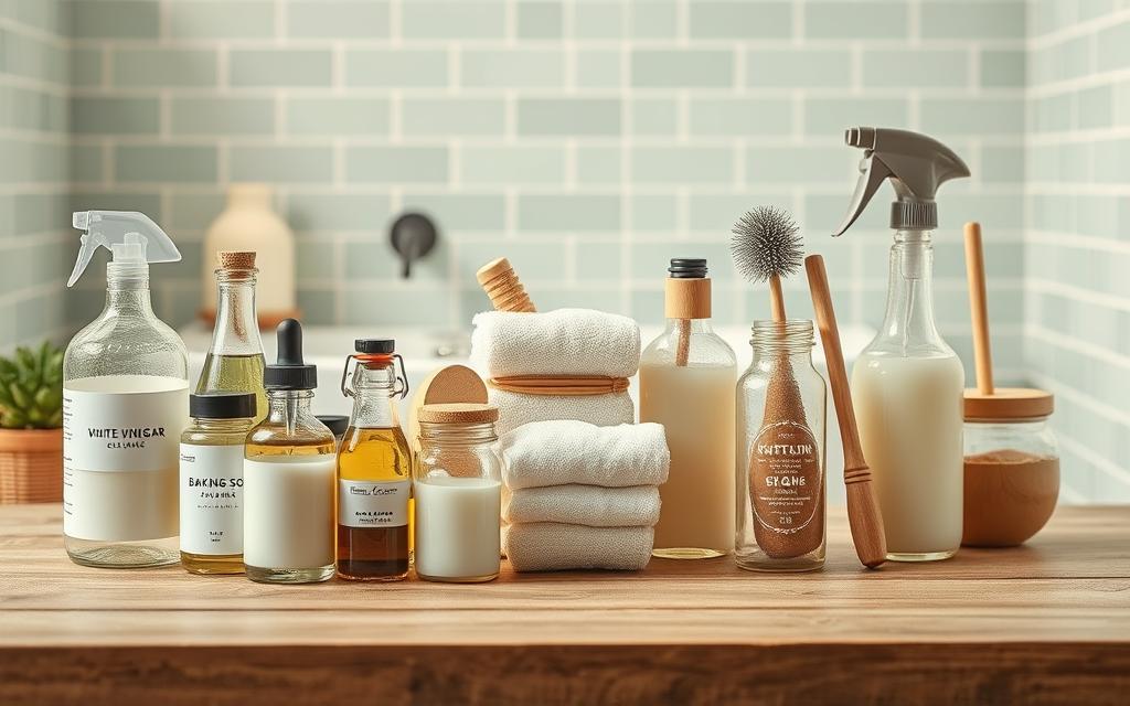 A neatly arranged display of eco-friendly bathroom cleaning products on a wooden table. In the foreground, various glass bottles and jars filled with natural cleaning solutions, such as white vinegar, baking soda, and essential oils, are illuminated by warm, diffused lighting. The middle ground features a selection of reusable cleaning cloths, scrub brushes, and a refillable spray bottle. The background showcases a minimalist bathroom setting with pale green tile walls, creating a calming, spa-like ambiance. The overall composition conveys a sense of simplicity, sustainability, and a commitment to green living.