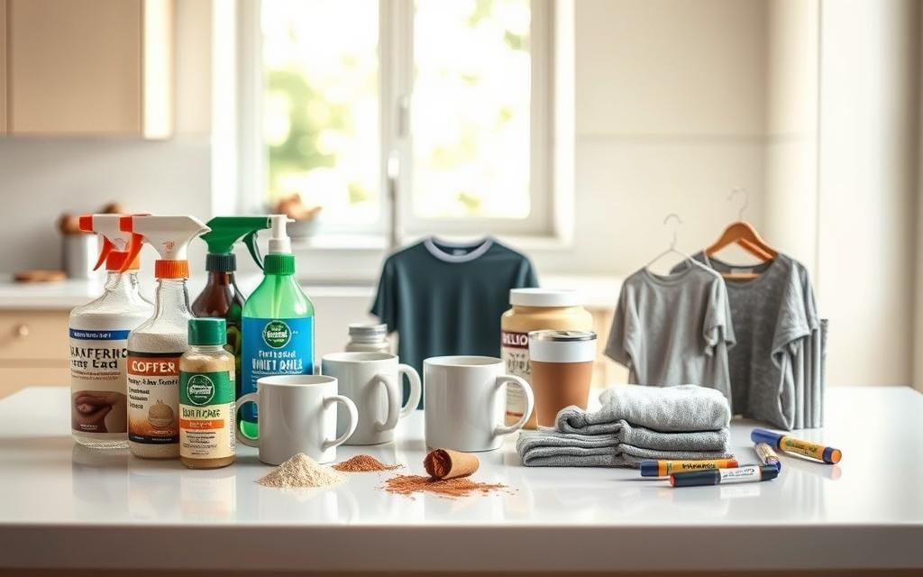 A neatly arranged still life showcasing a variety of commercial coffee stain removal products. In the foreground, a collection of spray bottles, powders, and stain-lifting pens sit atop a clean, minimalist countertop. The middle ground features a variety of stained mugs and clothing swatches, providing context for the products' intended use. Soft, natural lighting from a window illuminates the scene, creating a warm, inviting atmosphere. The background is blurred, placing the focus entirely on the stain removal items. The overall composition conveys a sense of efficiency and practicality, reflecting the "Best Commercial Stain Removers for Coffee Stains" section of the article. A neatly arranged still life showcasing a variety of commercial coffee stain removal products. In the foreground, a collection of spray bottles, powders, and stain-lifting pens sit atop a clean, minimalist countertop. The middle ground features a variety of stained mugs and clothing swatches, providing context for the products' intended use. Soft, natural lighting from a window illuminates the scene, creating a warm, inviting atmosphere. The background is blurred, placing the focus entirely on the stain removal items. The overall composition conveys a sense of efficiency and practicality, reflecting the "Best Commercial Stain Removers for Coffee Stains" section of the article.