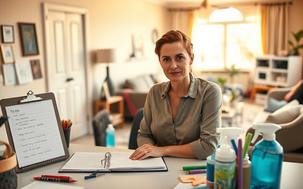 A neatly organized desk with a to-do list, calendar, and cleaning supplies, illuminated by warm, natural lighting from a large window. In the background, a cozy living room comes into view, with scattered party remnants waiting to be tidied. The planner's expression is one of focused determination, ready to tackle the post-party cleanup with a well-planned routine. The overall atmosphere conveys a sense of efficiency and control, setting the stage for a smooth and organized approach to future events. A neatly organized desk with a to-do list, calendar, and cleaning supplies, illuminated by warm, natural lighting from a large window. In the background, a cozy living room comes into view, with scattered party remnants waiting to be tidied. The planner's expression is one of focused determination, ready to tackle the post-party cleanup with a well-planned routine. The overall atmosphere conveys a sense of efficiency and control, setting the stage for a smooth and organized approach to future events.