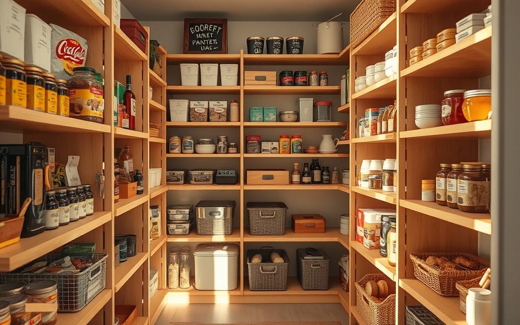 A neatly organized pantry with clean, wooden shelves stocked with various food items and kitchen essentials. The shelves are arranged in a visually appealing manner, with labels, baskets, and containers used to keep everything tidy and accessible. Warm, natural lighting illuminates the scene, casting soft shadows and highlighting the textures of the materials. The overall atmosphere is one of order, efficiency, and a sense of culinary preparedness. The camera angle is slightly elevated, allowing for a comprehensive view of the well-designed shelving system.