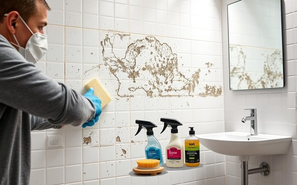 A pristine bathroom interior with bright, even lighting illuminating a tiled wall. In the foreground, a person wearing protective gloves and a face mask is carefully scrubbing a section of the wall, removing stubborn mold and mildew stains. The process is showcased in meticulous detail, with the person's movements and the brushing action clearly visible. In the middle ground, various mold removal tools and cleaning products are neatly arranged, including a spray bottle, a scrub brush, and a mold-killing solution. The background features a clean, minimalist sink and mirror, conveying a sense of a freshly restored, hygienic bathroom space. A pristine bathroom interior with bright, even lighting illuminating a tiled wall. In the foreground, a person wearing protective gloves and a face mask is carefully scrubbing a section of the wall, removing stubborn mold and mildew stains. The process is showcased in meticulous detail, with the person's movements and the brushing action clearly visible. In the middle ground, various mold removal tools and cleaning products are neatly arranged, including a spray bottle, a scrub brush, and a mold-killing solution. The background features a clean, minimalist sink and mirror, conveying a sense of a freshly restored, hygienic bathroom space.