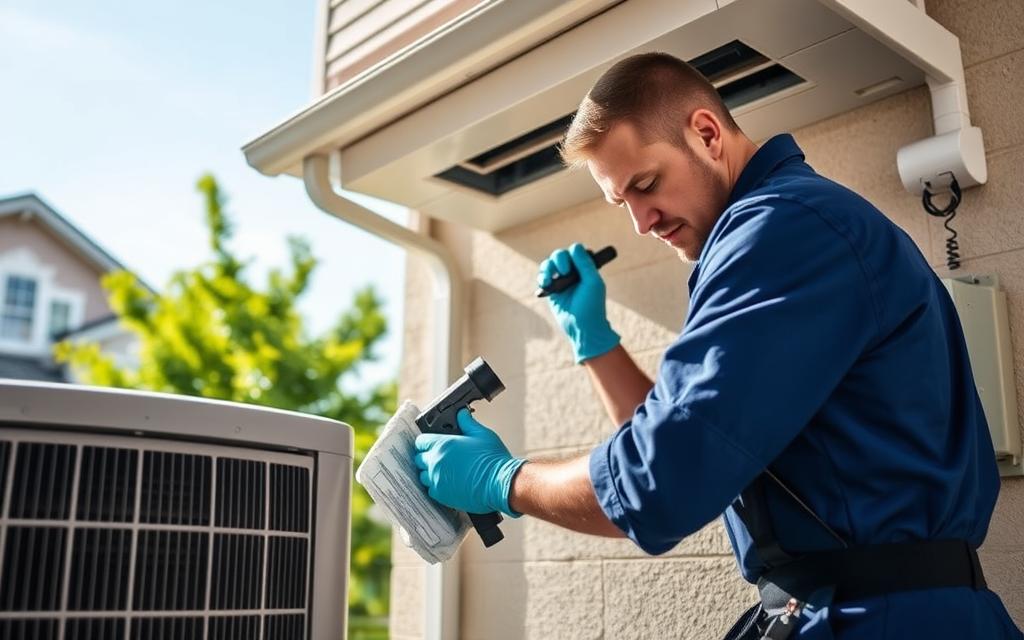 A professional air conditioning cleaning service technician wearing a blue uniform, equipped with tools and cleaning supplies, meticulously inspecting and maintaining a residential central air conditioning unit. The scene is set against a backdrop of a modern suburban home, with lush greenery and a clear blue sky. Soft natural lighting illuminates the technician's focused expression as they carefully clean the unit's components, ensuring optimal performance and efficiency. The overall atmosphere conveys a sense of expertise, diligence, and a commitment to providing high-quality AC maintenance services. A professional air conditioning cleaning service technician wearing a blue uniform, equipped with tools and cleaning supplies, meticulously inspecting and maintaining a residential central air conditioning unit. The scene is set against a backdrop of a modern suburban home, with lush greenery and a clear blue sky. Soft natural lighting illuminates the technician's focused expression as they carefully clean the unit's components, ensuring optimal performance and efficiency. The overall atmosphere conveys a sense of expertise, diligence, and a commitment to providing high-quality AC maintenance services.
