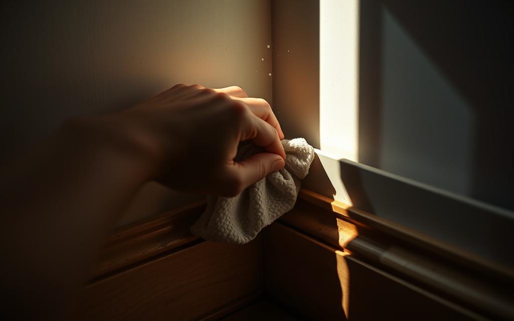 A small, narrow hand reaching down with a cleaning rag to wipe a hard-to-reach baseboard in the corner of a room. Dramatic side lighting from a window casts long shadows, emphasizing the tight space. Dust motes float in the air, highlighting the tight confines. The rag has a slightly crumpled texture, conveying the effort required to clean this awkward area. The baseboard is a warm, honey-toned wood, partially obscured by accumulated grime. The overall mood is one of quiet, focused determination to tackle a mundane but necessary household chore. A small, narrow hand reaching down with a cleaning rag to wipe a hard-to-reach baseboard in the corner of a room. Dramatic side lighting from a window casts long shadows, emphasizing the tight space. Dust motes float in the air, highlighting the tight confines. The rag has a slightly crumpled texture, conveying the effort required to clean this awkward area. The baseboard is a warm, honey-toned wood, partially obscured by accumulated grime. The overall mood is one of quiet, focused determination to tackle a mundane but necessary household chore.