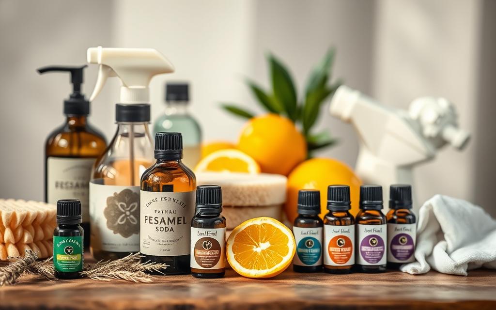 A still life arrangement of various essential oils and natural cleaning ingredients, captured in soft, natural lighting with a shallow depth of field. In the foreground, an assortment of essential oil bottles, their labels prominently displayed, alongside natural sponges, baking soda, and citrus fruits. The middle ground features a wooden surface, with a slight blur, creating a sense of depth. The background is hazy, with a muted, earthy color palette, emphasizing the organic, homemade nature of the scene. The overall mood is calming, inviting, and emphasizes the natural, fragrant qualities of the essential oils as part of a sustainable, eco-friendly cleaning routine.