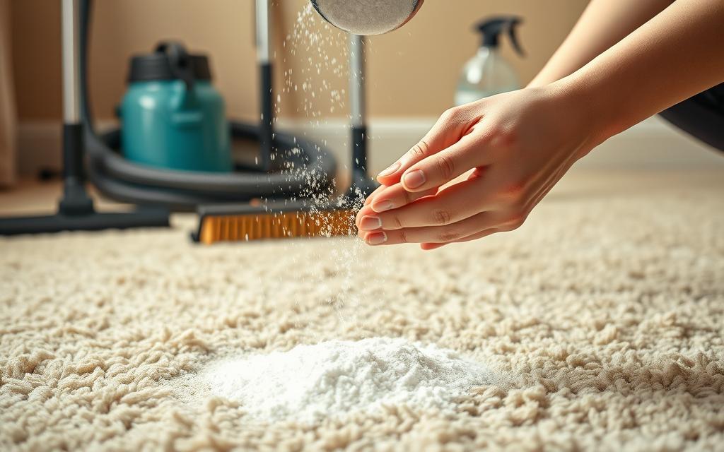 A well-lit, close-up shot of a person's hands sprinkling baking soda over a plush, beige carpet. The baking soda grains shimmer as they cascade down, creating a softly textured, powdery layer. In the background, a set of professional carpet cleaning tools - a brush, a vacuum hose, and a spray bottle - are neatly arranged, suggesting the next steps in the cleaning process. The lighting is warm and diffused, casting a gentle glow over the scene and emphasizing the tactile, domestic nature of the task. The overall atmosphere is one of effortless, effective home cleaning, showcasing baking soda's versatility as a natural, affordable carpet care solution. A well-lit, close-up shot of a person's hands sprinkling baking soda over a plush, beige carpet. The baking soda grains shimmer as they cascade down, creating a softly textured, powdery layer. In the background, a set of professional carpet cleaning tools - a brush, a vacuum hose, and a spray bottle - are neatly arranged, suggesting the next steps in the cleaning process. The lighting is warm and diffused, casting a gentle glow over the scene and emphasizing the tactile, domestic nature of the task. The overall atmosphere is one of effortless, effective home cleaning, showcasing baking soda's versatility as a natural, affordable carpet care solution.