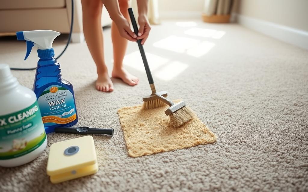 A well-lit, high-angle shot of a carpeted floor with a variety of carpet wax removal tools and products in the foreground. In the middle ground, a person's hands are gently scrubbing a patch of wax-stained carpet using a soft-bristle brush and a specialized carpet cleaning solution. The background shows a clean, tidy room with natural lighting filtering through the windows, conveying a sense of orderliness and a successful wax removal process. The overall tone is one of helpful guidance, with the image demonstrating effective techniques for safely and effectively removing wax from carpeting. A well-lit, high-angle shot of a carpeted floor with a variety of carpet wax removal tools and products in the foreground. In the middle ground, a person's hands are gently scrubbing a patch of wax-stained carpet using a soft-bristle brush and a specialized carpet cleaning solution. The background shows a clean, tidy room with natural lighting filtering through the windows, conveying a sense of orderliness and a successful wax removal process. The overall tone is one of helpful guidance, with the image demonstrating effective techniques for safely and effectively removing wax from carpeting.
