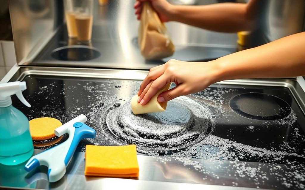 A well-lit, high-resolution image of a kitchen stovetop covered in greasy residue, with various cleaning tools and products arranged in the foreground. The stovetop is made of gleaming stainless steel, and the surrounding area is clean and organized. In the middle ground, a hand is demonstrating the application of a degreasing solution using a sponge or cloth, while in the background, the reflection of the stovetop can be seen in the shiny surface of a nearby appliance. The overall scene conveys a sense of purposeful cleaning and a desire to restore the stovetop to its pristine condition.