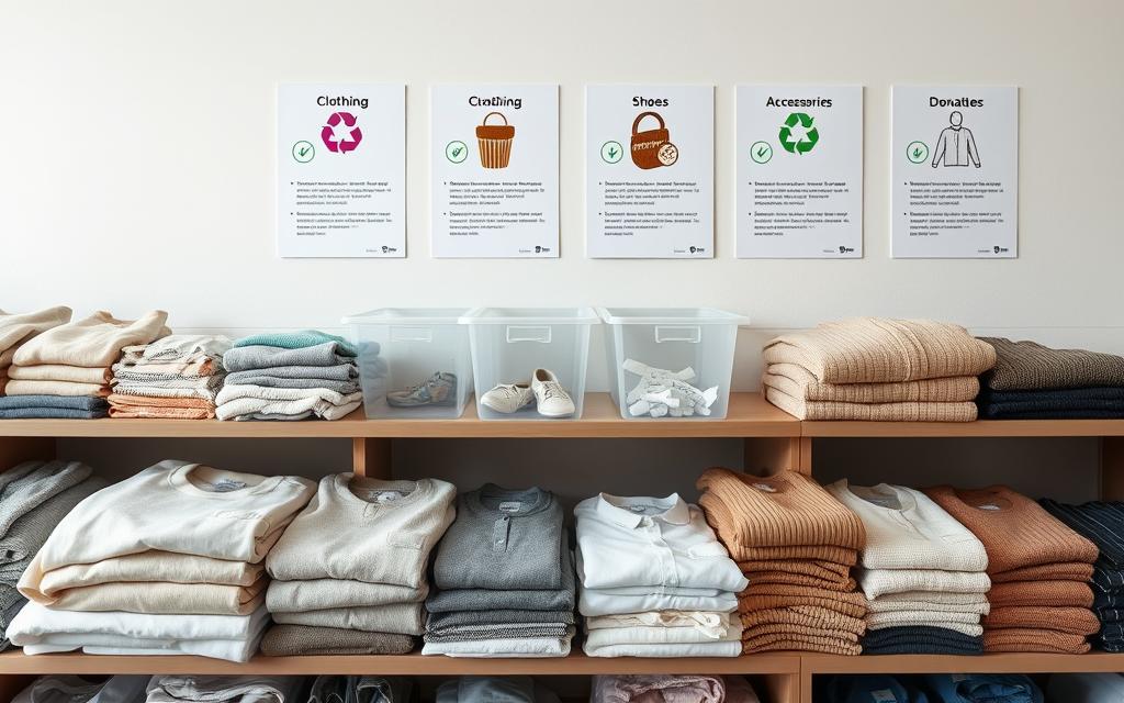 A well-lit, high-resolution photograph of a neatly organized charity donation and recycling station. In the foreground, a variety of folded clothing items in neutral tones - shirts, pants, sweaters - arranged on shelves. In the middle ground, clear plastic bins labeled for different donation categories like "clothing", "shoes", and "accessories". In the background, a simple, uncluttered wall with informational posters providing guidelines for proper clothing disposal and recycling. The scene is captured from a slightly elevated angle, creating a clean, minimalist aesthetic that emphasizes the organization and thoughtfulness of the donation process.