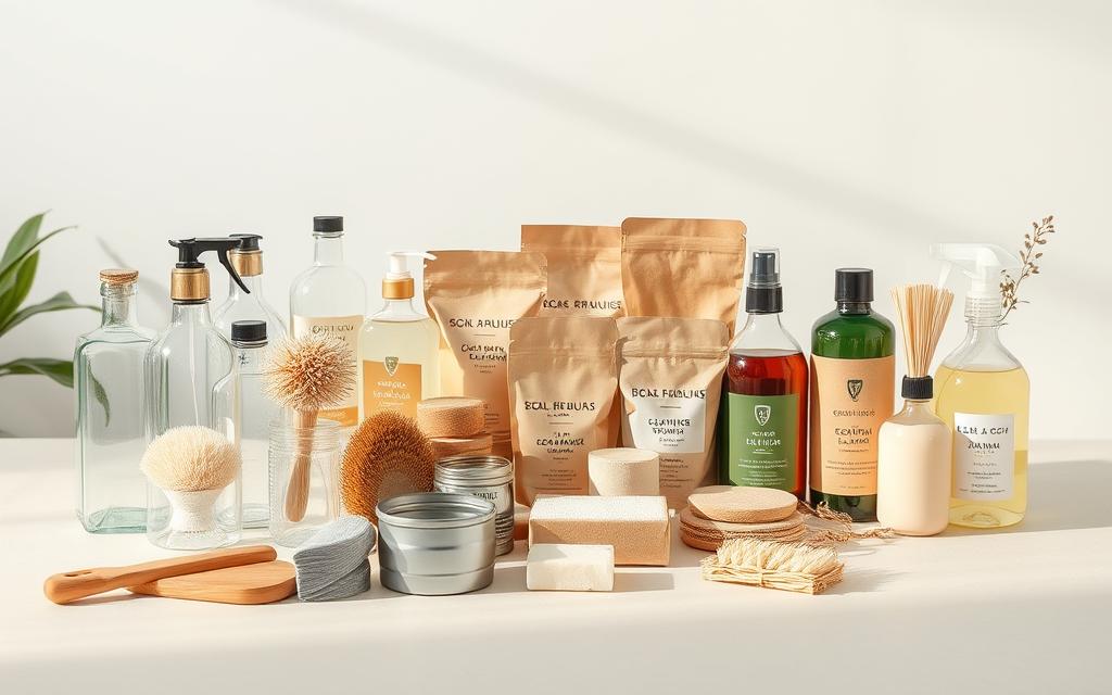 A well-lit, high-resolution photograph showcasing an assortment of zero-waste cleaning supplies. In the foreground, a collection of reusable glass bottles, metal tins, and natural fiber brushes neatly arranged on a minimalist, neutral-toned surface. The middle ground features a variety of biodegradable cleaning powders, bars, and liquids in earthy-toned packaging, complementing the natural aesthetic. The background depicts a bright, airy space with soft, diffused lighting, emphasizing the simplicity and sustainability of the zero-waste cleaning products. A well-lit, high-resolution photograph showcasing an assortment of zero-waste cleaning supplies. In the foreground, a collection of reusable glass bottles, metal tins, and natural fiber brushes neatly arranged on a minimalist, neutral-toned surface. The middle ground features a variety of biodegradable cleaning powders, bars, and liquids in earthy-toned packaging, complementing the natural aesthetic. The background depicts a bright, airy space with soft, diffused lighting, emphasizing the simplicity and sustainability of the zero-waste cleaning products.