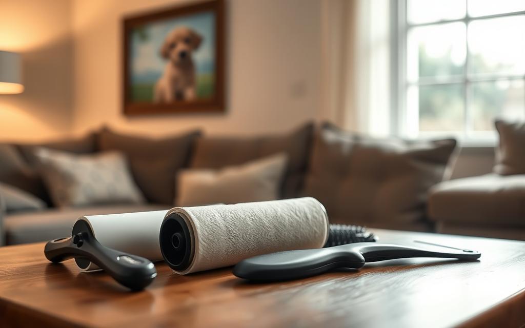 A well-lit home interior setting, with a soft, warm lighting illuminating a wooden table. On the table, various pet grooming tools are neatly arranged - a lint roller, a brush, a comb, and a squeegee. In the background, a framed wall art piece depicts a playful puppy, hinting at the room's purpose. The composition showcases the pet hair cleaning tools in an organized, visually appealing manner, inviting the viewer to explore the effective techniques for removing pet hair from furniture and clothing.