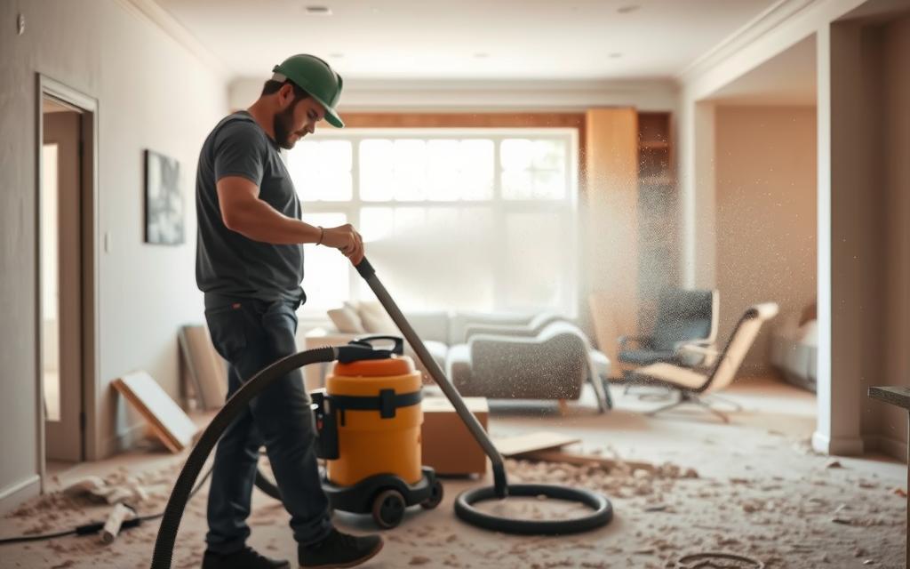 A well-lit interior space, showcasing the intricate process of post-renovation dust removal. In the foreground, a skilled cleaning professional operates a high-powered vacuum cleaner, meticulously extracting fine particulates from crevices and surfaces. The middle ground reveals a partially renovated room, with construction debris and dust-covered furniture scattered throughout. In the background, large windows allow natural light to filter in, illuminating the cloud of airborne particles suspended in the air. The scene conveys a sense of diligence and attention to detail, as the worker strives to restore the pristine condition of the space. A well-lit interior space, showcasing the intricate process of post-renovation dust removal. In the foreground, a skilled cleaning professional operates a high-powered vacuum cleaner, meticulously extracting fine particulates from crevices and surfaces. The middle ground reveals a partially renovated room, with construction debris and dust-covered furniture scattered throughout. In the background, large windows allow natural light to filter in, illuminating the cloud of airborne particles suspended in the air. The scene conveys a sense of diligence and attention to detail, as the worker strives to restore the pristine condition of the space.