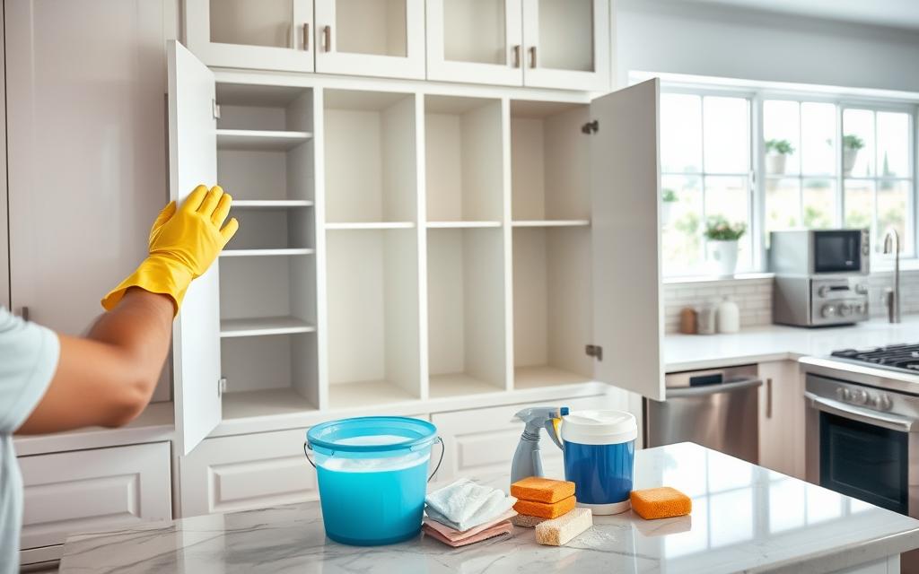 A well-lit kitchen with a neatly organized cabinet system. In the foreground, a person wearing rubber gloves carefully scrubbing the inside of an open cabinet, revealing its pristine shelves. In the middle ground, various cleaning supplies - sponges, rags, and a bucket of soapy water - are arranged on the counter. The background showcases the rest of the kitchen, with a tile backsplash, stainless steel appliances, and a large window letting in natural light. The scene conveys a sense of diligence and attention to detail in the process of deep cleaning kitchen cabinets.
