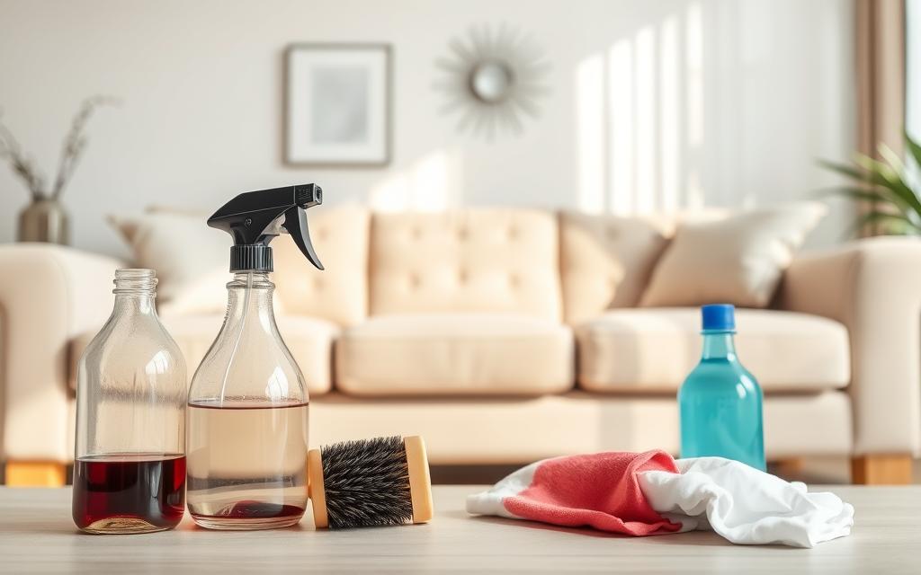 A well-lit living room with a plush, beige sofa in the center. In the foreground, various cleaning supplies are neatly arranged, including a spray bottle, a soft-bristled brush, and a clean white cloth. The middle ground showcases a close-up view of a red wine stain on the sofa, with the cleaning products poised to address the issue. The background features a minimalist wall decor and soft, natural lighting filtering through sheer curtains, creating a warm, inviting atmosphere. The overall composition emphasizes the step-by-step process of effective sofa stain removal, capturing the essential elements for a practical, informative image.