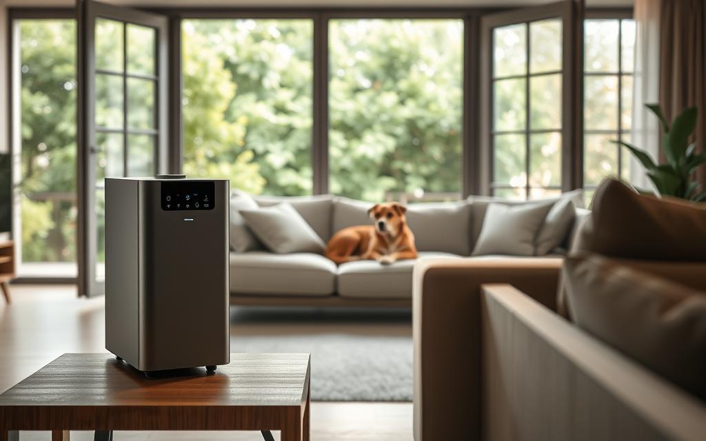 A well-lit, photorealistic interior scene of a living room with a large, open window overlooking a lush garden. In the foreground, a sleek, state-of-the-art air purifier sits on a minimalist wooden end table, its display panels illuminated. Soft, diffused lighting filters in through the window, creating a calming, serene atmosphere. The air purifier's streamlined design and muted color palette complement the room's modern, nature-inspired aesthetic. In the middle ground, a well-groomed dog lounges comfortably on a plush sofa, unbothered by any lingering pet odors. The background features verdant foliage visible through the window, suggesting the air purifier's effectiveness in maintaining fresh, clean air throughout the space. A well-lit, photorealistic interior scene of a living room with a large, open window overlooking a lush garden. In the foreground, a sleek, state-of-the-art air purifier sits on a minimalist wooden end table, its display panels illuminated. Soft, diffused lighting filters in through the window, creating a calming, serene atmosphere. The air purifier's streamlined design and muted color palette complement the room's modern, nature-inspired aesthetic. In the middle ground, a well-groomed dog lounges comfortably on a plush sofa, unbothered by any lingering pet odors. The background features verdant foliage visible through the window, suggesting the air purifier's effectiveness in maintaining fresh, clean air throughout the space.