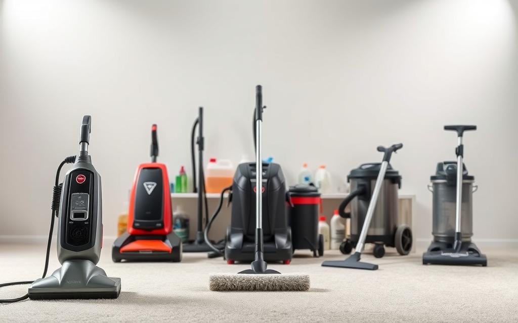 A well-lit studio scene showcasing different carpet cleaning methods. In the foreground, a steam cleaner and a rotary carpet shampooer stand ready for action. In the middle ground, a manual scrub brush and a wet/dry vacuum cleaner demonstrate alternative techniques. In the background, a row of cleaning products and tools - from spray bottles to extraction machines - suggest a comprehensive cleaning arsenal. Soft, diffused lighting illuminates the scene, creating a sense of professionalism and attention to detail. The overall mood is one of efficiency and effectiveness, reflecting the key steps in deep cleaning carpets at home. A well-lit studio scene showcasing different carpet cleaning methods. In the foreground, a steam cleaner and a rotary carpet shampooer stand ready for action. In the middle ground, a manual scrub brush and a wet/dry vacuum cleaner demonstrate alternative techniques. In the background, a row of cleaning products and tools - from spray bottles to extraction machines - suggest a comprehensive cleaning arsenal. Soft, diffused lighting illuminates the scene, creating a sense of professionalism and attention to detail. The overall mood is one of efficiency and effectiveness, reflecting the key steps in deep cleaning carpets at home.