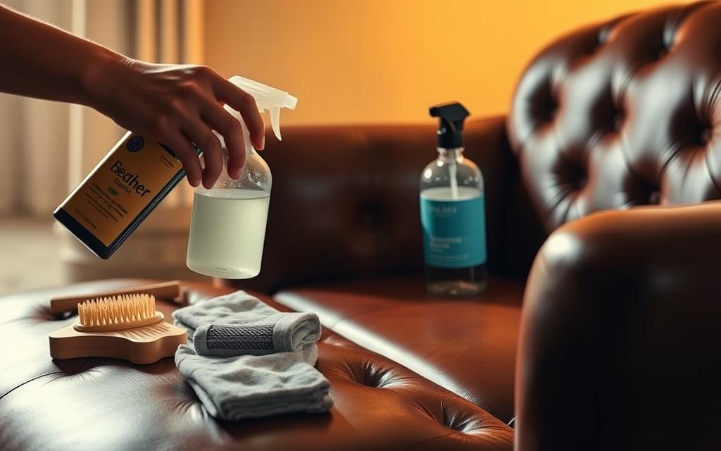 A well-lit studio setting, showcasing the intricate process of deep cleaning leather furniture. In the foreground, a professional cleaner's hands meticulously apply a specialized leather conditioning solution, gently working it into the material. The middle ground features an array of cleaning tools, including soft-bristled brushes and microfiber cloths, arranged neatly. The background depicts a luxurious leather armchair, its surface gleaming with a renewed luster after the thorough treatment. Warm, diffused lighting casts a soothing ambiance, highlighting the care and attention required for maintaining the beauty and longevity of high-quality leather furnishings.