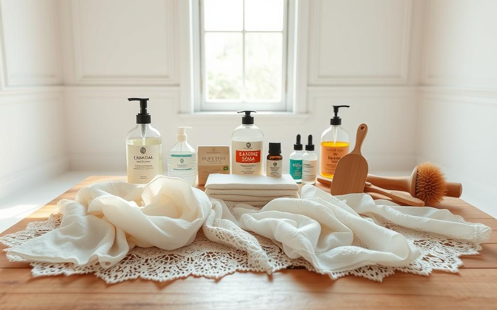 A well-lit studio setting with soft, natural lighting streaming in from a large window. In the foreground, delicate fabrics, lace, and silk items are meticulously arranged on a wooden table, showcasing their intricate patterns and textures. The middle ground features an assortment of natural cleaning products, such as castile soap, baking soda, and essential oils, arranged neatly alongside reusable cleaning cloths and brushes. The background is a serene, minimalist space with clean white walls, highlighting the focus on the eco-friendly cleaning process. The overall mood is one of tranquility and care, emphasizing the gentle, sustainable approach to maintaining these delicate household items.