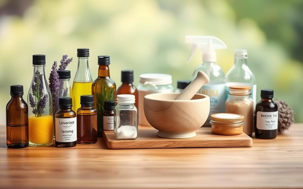 A well-lit wooden tabletop showcases a thoughtfully curated collection of natural cleaning essentials. In the foreground, an assortment of clear glass bottles filled with vibrant essential oils, such as lemon, lavender, and tea tree. Beside them, a set of small jars containing baking soda, castile soap, and other natural cleansing agents. In the middle ground, a wooden cutting board serves as a base for a mortar and pestle, ready to grind and blend the aromatics. The background features a soft, blurred natural setting, hinting at the eco-friendly and homemade nature of this DIY cleaning kit. The overall mood is one of simplicity, purity, and a dedication to creating a healthier, more sustainable cleaning routine.
