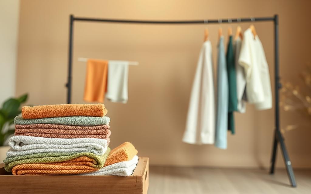 A well-organized, eco-friendly storage solution for cleaning cloths, depicted in a warm, soft-lit studio setting. In the foreground, an array of colorful, neatly folded cloths are arranged in a wooden crate or shelf unit, showcasing their practical storage. The middle ground features a sleek, minimalist clothesline or hanging rack, allowing the cloths to be displayed and accessed easily. The background subtly suggests a calm, natural environment, with hints of greenery or natural textures to complement the earthy, sustainable aesthetic. The lighting is gentle, creating a soothing, inviting atmosphere that emphasizes the thoughtful, considered approach to cloth storage. A well-organized, eco-friendly storage solution for cleaning cloths, depicted in a warm, soft-lit studio setting. In the foreground, an array of colorful, neatly folded cloths are arranged in a wooden crate or shelf unit, showcasing their practical storage. The middle ground features a sleek, minimalist clothesline or hanging rack, allowing the cloths to be displayed and accessed easily. The background subtly suggests a calm, natural environment, with hints of greenery or natural textures to complement the earthy, sustainable aesthetic. The lighting is gentle, creating a soothing, inviting atmosphere that emphasizes the thoughtful, considered approach to cloth storage.