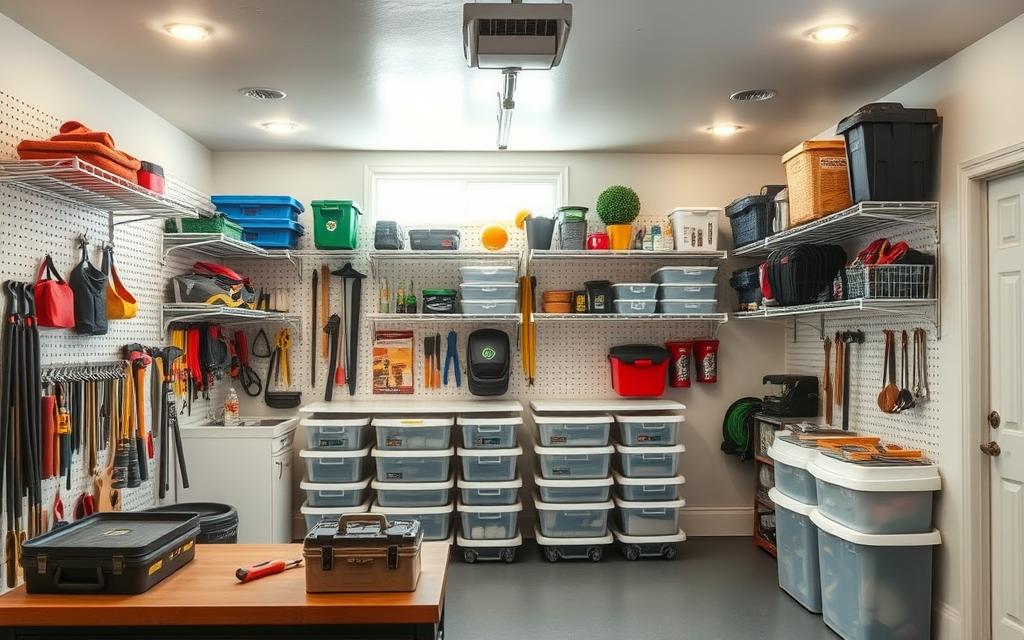 A well-organized garage with efficient storage solutions. A bright, airy space with clean white shelves, metal racks, and clear plastic bins neatly arranged. Pegboards line the walls, holding an assortment of tools, gardening supplies, and sports equipment. Recessed lighting casts a warm glow, highlighting the orderly arrangement. In the foreground, a workbench with a toolbox and a few carefully selected hand tools. The middle ground showcases various storage containers, labeled and easily accessible. The background features a sleek, minimalist aesthetic, with a large window letting in natural light. The overall atmosphere conveys a sense of control, productivity, and a decluttered, harmonious environment. A well-organized garage with efficient storage solutions. A bright, airy space with clean white shelves, metal racks, and clear plastic bins neatly arranged. Pegboards line the walls, holding an assortment of tools, gardening supplies, and sports equipment. Recessed lighting casts a warm glow, highlighting the orderly arrangement. In the foreground, a workbench with a toolbox and a few carefully selected hand tools. The middle ground showcases various storage containers, labeled and easily accessible. The background features a sleek, minimalist aesthetic, with a large window letting in natural light. The overall atmosphere conveys a sense of control, productivity, and a decluttered, harmonious environment.